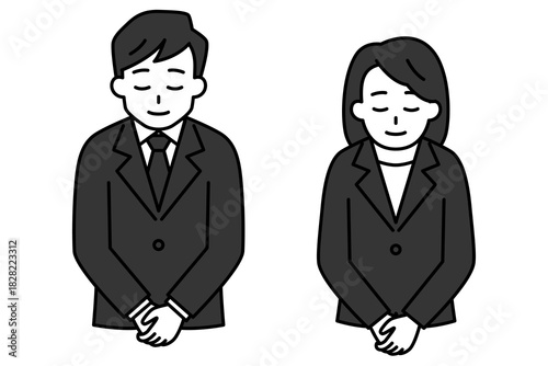 お辞儀をする黒いスーツの男女　セット