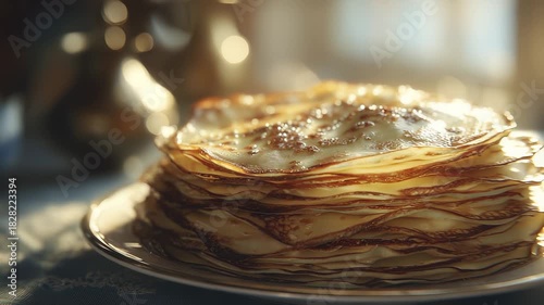 A tall stack of golden pancakes sits elegantly on a delicate plate, each layer slightly crisped and shining under warm light. The pancakes invite a hungry woman to indulge in their