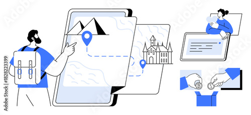 Travel technology. Travel concept showing navigation through digital maps, online booking processes, and contactless payment methods. Travel enhancing convenience and efficiency for users. Perfect