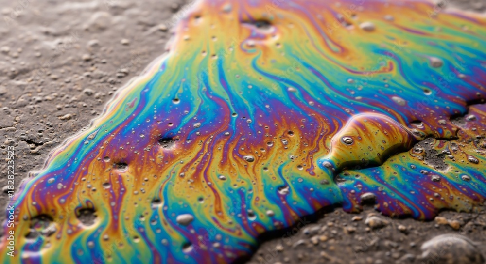 Fototapeta premium Iridescent Oil Spill on Pavement A Colorful Environmental Hazard.