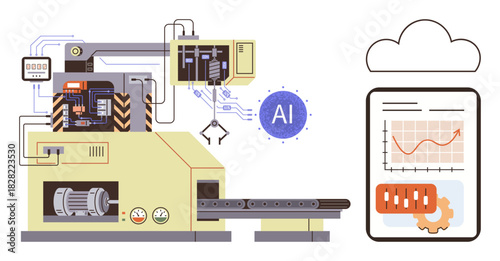 Industrial machine with AI controls, robotics arm, real-time data analysis, cloud storage, and adjustable settings for automation. Ideal for innovation, manufacturing, technology, IoT efficiency