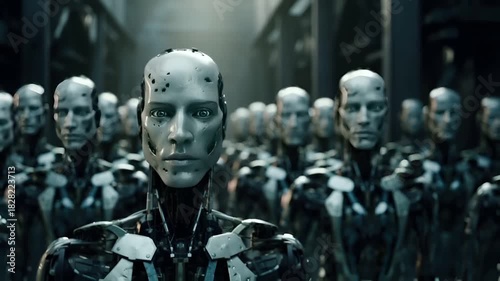 A closeup of a humanoid robot with a humanlike face, set against a backdrop of a group of similar humanoid figures. The robots face is detailed with intricate facial features.