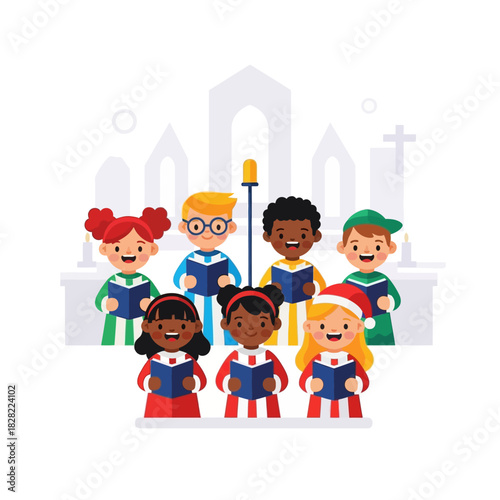 Flat Illustration Diverse Group of Children Singing Christmas Carols in Church