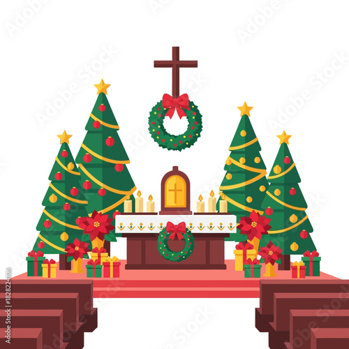 Flat Design Church Interior Decorated for Christmas Celebration Illustration