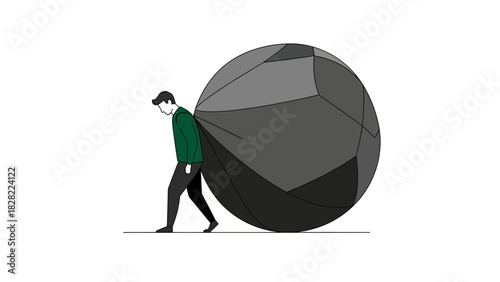 Minimalist Line Art Man Carrying Huge Rock Burden Illustration