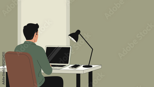 Minimalist Illustration Man Working on Laptop at Desk in Room