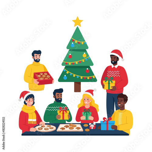 Flat Illustration Group of People Celebrating Christmas Holiday with Gift
