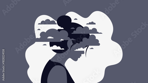 Minimalist Woman Silhouette with Clouds Over Head Mental Health Illustration