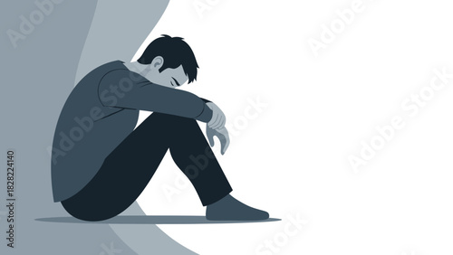 Minimalist Illustration of a Sad Man Sitting on the Floor