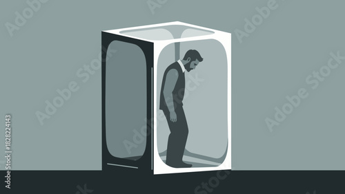 Minimalist Illustration Sad Man Trapped Inside Transparent Box Conceptual Artwork