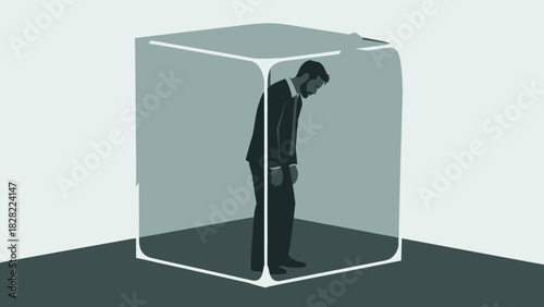 Minimalist Depressed Businessman Inside an Abstract Confined Glass Cube Illustration