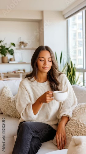 Young woman relaxing on a cozy sofa with a cup of coffee in a modern bright living room. She enjoys a peaceful morning surrounded by natural light and stylish home decor