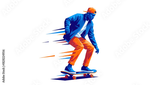 Active cartoon boy in blue fashion jumping fun on a snowboard with a blue wig and helmet