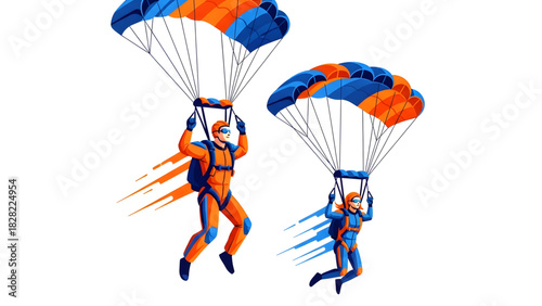 3D illustration of a parachutist flying through the blue sky, representing extreme sport, freedom, and adventure