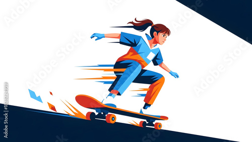 Dynamic Vector Illustration of Young Woman Skateboarder Riding Downhill, Extreme Sport and Urban Lifestyle