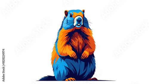 Vector Illustration of Standing Marmot or Groundhog with Bright Blue and Orange Pop Art Style, Wildlife Mascot
