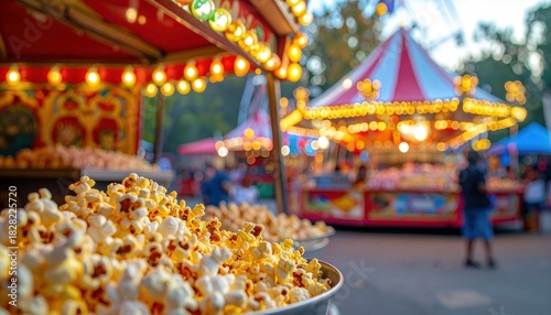 Close-up of popcorn at a vibrant carnival with blurred background of rides and lights