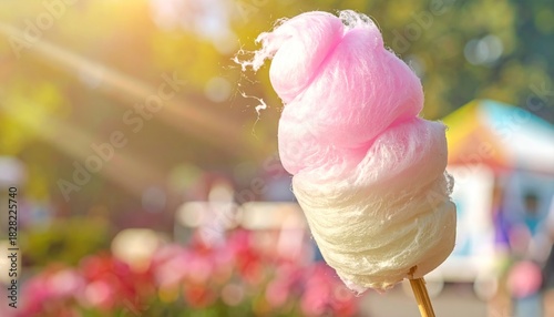 Delightful cotton candy treat on a stick outdoors during a sunny summer day