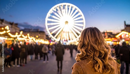 Festive night scene with woman looking at illuminated Ferris wheel and market