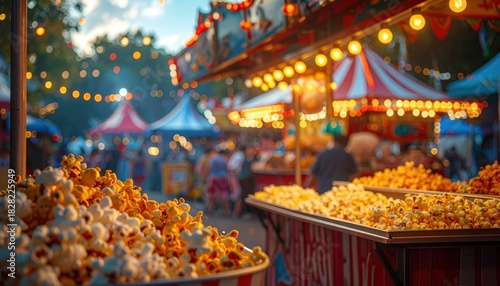 Festive carnival atmosphere with popcorn vendors and vibrant lighting creating a joyous scene
