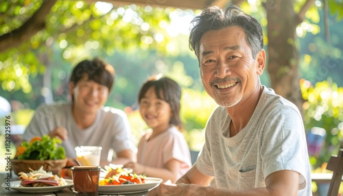 Happy Asian Family Enjoying a Meal Outdoors in Summer Celebrating Together