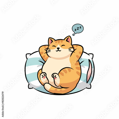 a cute sleepy orange tabby cat cartoon relaxing on a striped pillow while napping peacefully