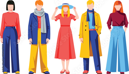 Fashion lineup vector illustration, stylish people in modern outfits, diverse clothing styles, urban fashion scene, cad drawing flat vector illustration