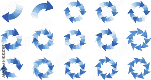 Circular arrow icon set, blue gradient rotation symbols, motion graphic design, vector transformation elements, dynamic loop interface illustration
