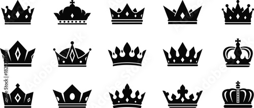 Black crown icon set, royal symbol collection, regal vector design, heraldic emblem graphics, monarchy silhouette elements, luxury badge illustration