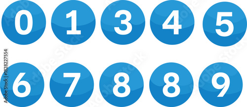 Glossy number button set, blue circular icons, numeric vector design, digital keypad layout, bold white digits, modern UI elements