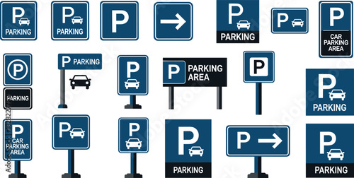 Parking sign collection, directional signage vector, blue white icons, car parking symbols, urban traffic signs, public space navigation design