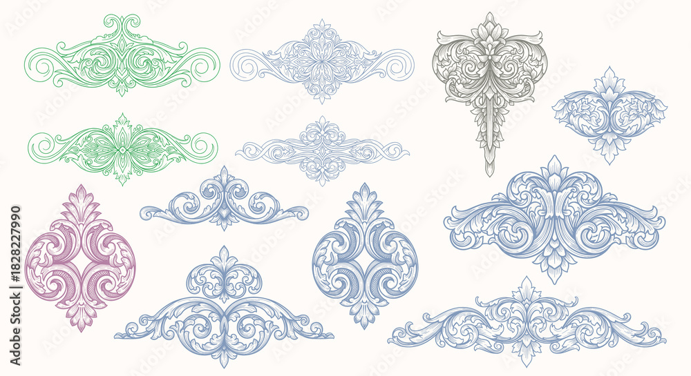 Naklejka premium Victorian flourish scroll ornament with arabesque damask decorative vignette