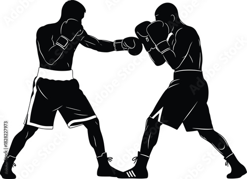 Silhouette vector illustration of two boxers fighting in a competitive boxing match, showcasing action stance, athletic movement, sports training, combat fitness, dynamic scene