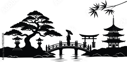 Traditional Japanese landscape silhouette with pagoda, torii gate, bridge, geisha and pine tree, vector illustration isolated on white background for Asian culture design
