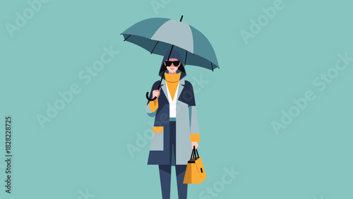 Stylish woman with umbrella and tote bag braving the weather, modern fashion illustration for lifestyle and design projects, originally a scalable vector graphic