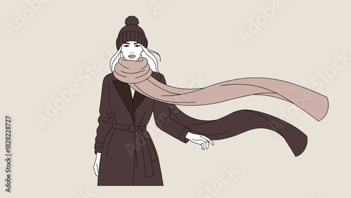 Chic fashion illustration of a woman in a stylish winter coat and scarf, perfect for fashion blogs, editorial designs, and seasonal promotions, vector art