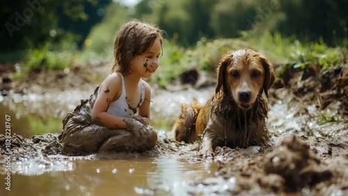 A young girl and a dog playfully wading through a muddy puddle in a forested area. The girl is covered in mud, with her face smeared with dirt and mud around her eyes.