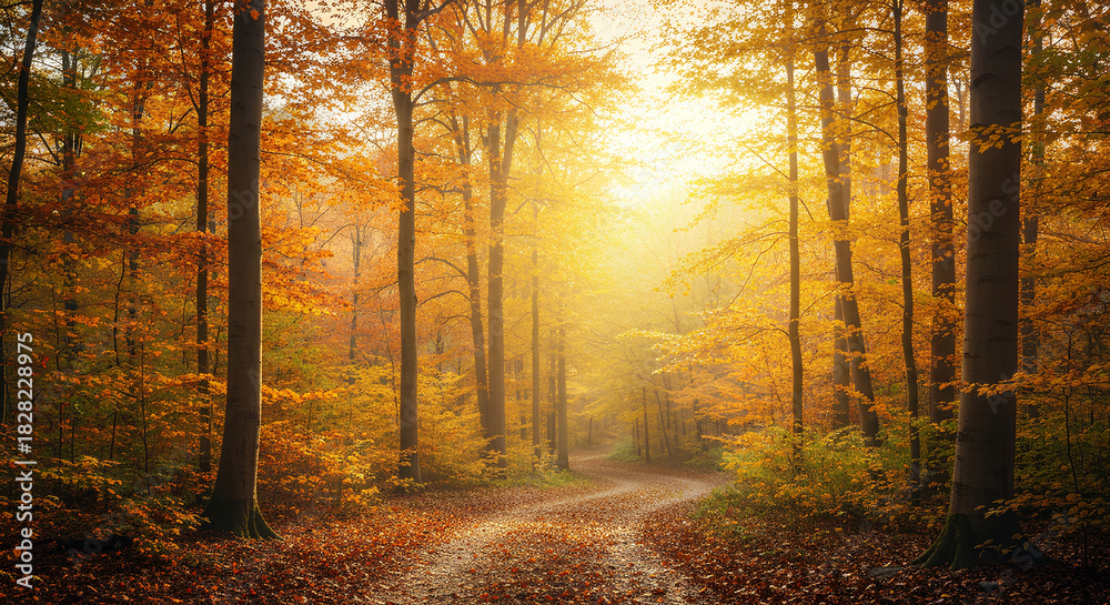 Fototapeta premium Sunlit Winding Path Through a Vibrant Autumn Forest