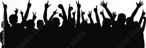 Silhouette crowd of cheering people raising hands, concert audience celebrating success, happy group celebrating victory, unity, joy, and freedom together illustration