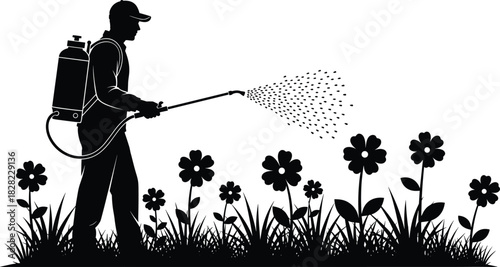 Silhouette of gardener man spraying pesticides on flowers using backpack sprayer, agricultural pest control worker, black vector illustration isolated on white background.
