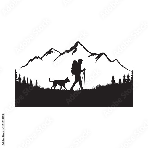 Silhouette of hiker and dog in mountain landscape