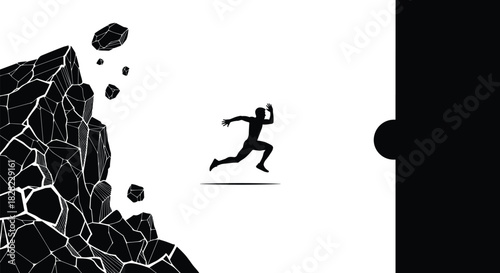 Silhouette of man running away from falling rocks towards open door, vector illustration of escaping danger and survival concept, isolated on white