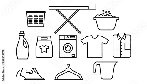 Laundry and Washing Service Line Icons Set: Clothing Care and Cleaning Collection Featuring Basket, Ironing Board, Detergent, Washing Machine, Iron, Hanger, and Garments