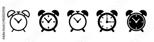 Simple illustration of a black alarm clock icon set, vector 10 eps.