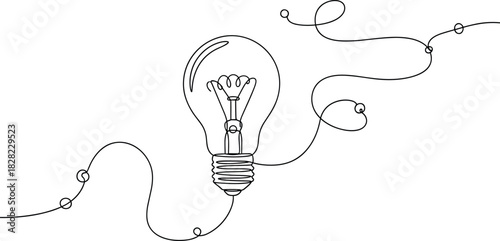 Creative light bulb continuous line drawing, minimalist idea concept illustration, innovation symbol, simple modern design for inspiration, creativity, imagination artwork