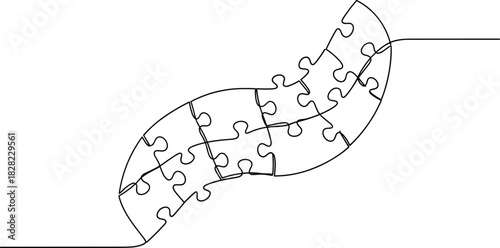 Curved puzzle piece continuous line illustration, abstract problem solving concept, teamwork connection symbol, creative vector design for strategy, solutions, unity themes