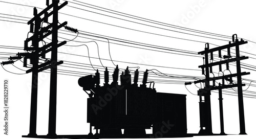 Electric power substation silhouette with transformers and utility poles, high voltage distribution system vector illustration for industry, infrastructure, energy, engineering projects