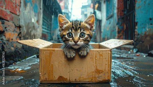 Fototapeta Naklejka Na Ścianę i Meble -  Kitten in a cardboard box in a rainy alleyway