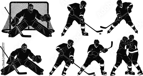 Ice hockey player silhouette set, goalie saves, skating actions, puck control, fighting scene, sports illustration collection for competition, training, and athletic designs