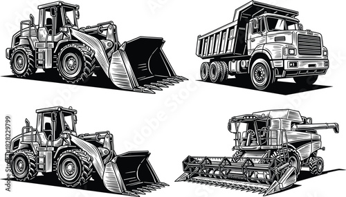 Heavy construction machinery illustration set, detailed loader, dump truck, bulldozer, and harvester artwork, industrial vehicle vector design for engineering projects